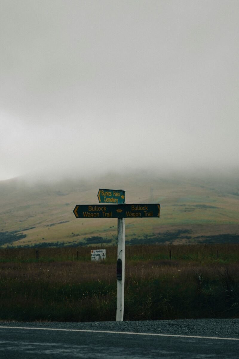 A signpost in a foggy green landscape