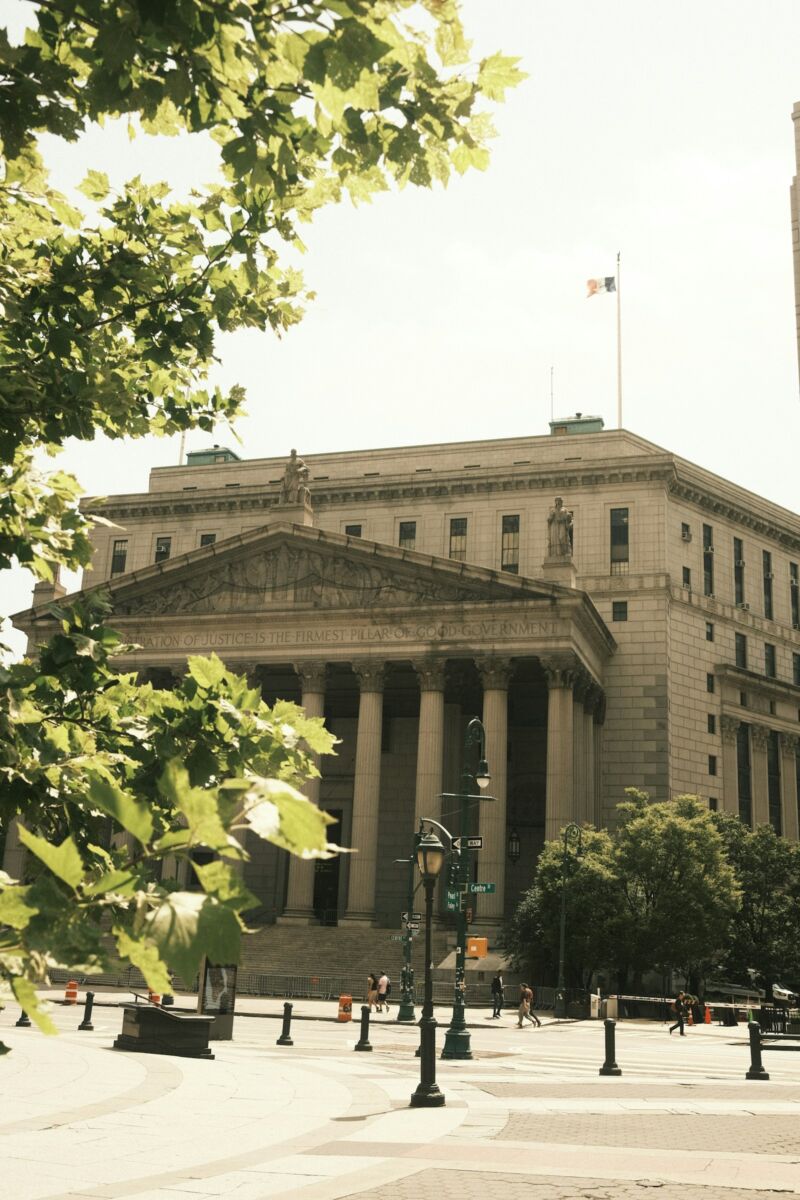 A courthouse with tall columns framed by trees