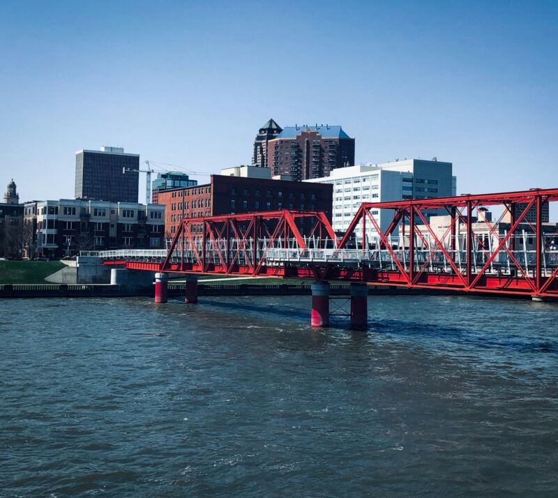 The Des Moines skyline and riverfront, Iowa