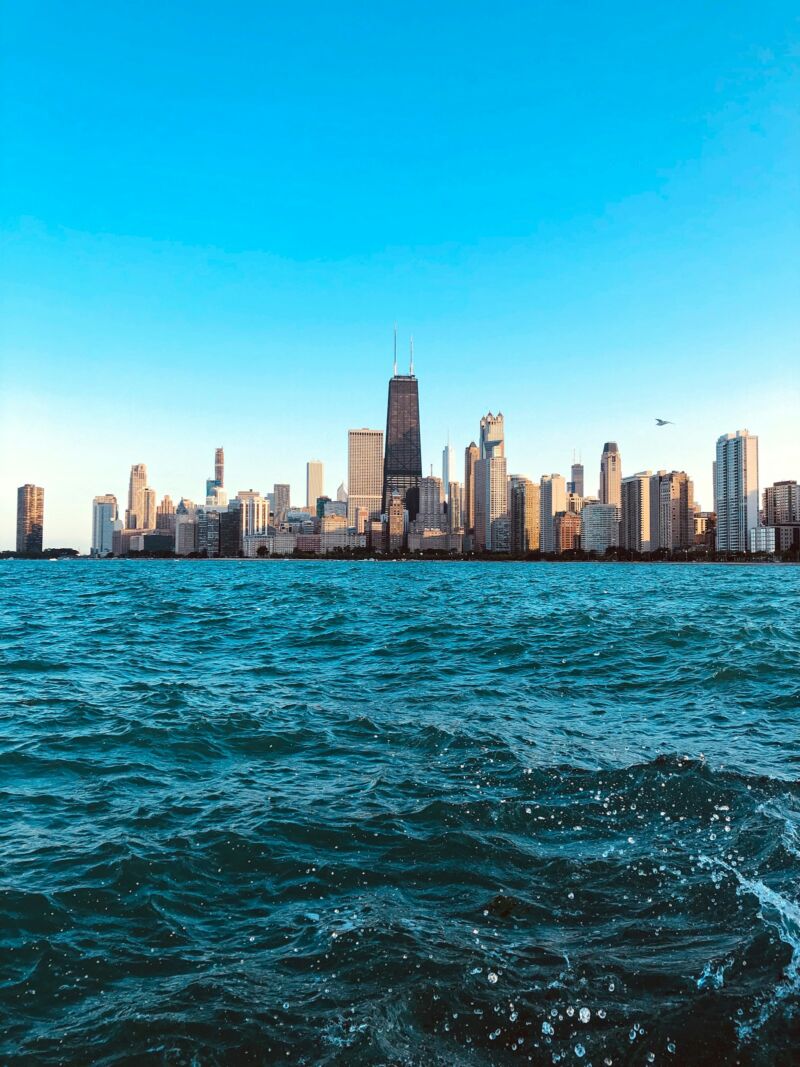 The Chicago skyline across Lake Michigan, Illinois