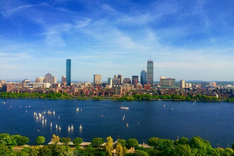 The Boston skyline across the water, Massachusetts