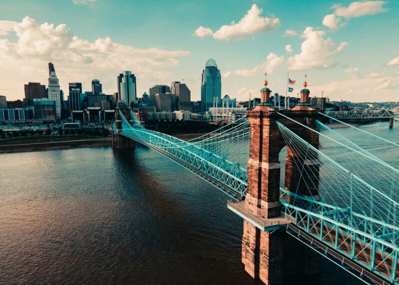 The Cincinnati skyline and Roebling Bridge, Ohio